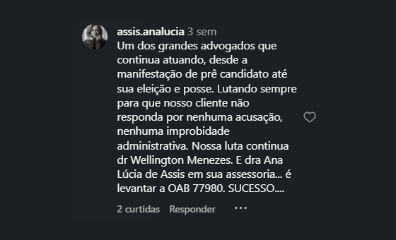 Comentário de Ana Lúcia de Assis (@assis.analucia) sobre o professor Mauro Bomfim, publicado no Instagram
